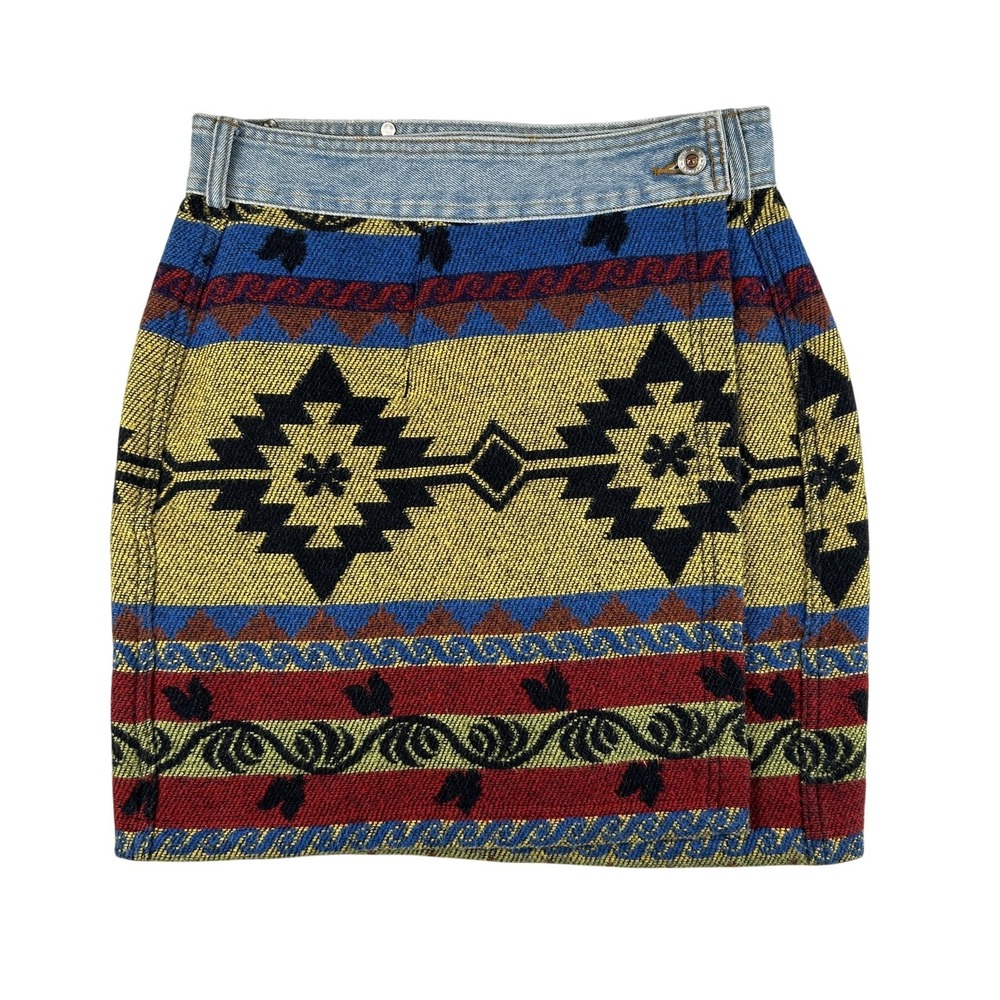 Vintage B.U.M. Equipment Skirt Juniors 9 Tweed Southwestern Mini Denim Wool 90s